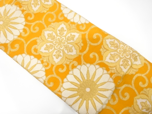 JAPANESE KIMONO / ANTIQUE FUKURO OBI / SILK / WOVEN KIKU ARABESQUE